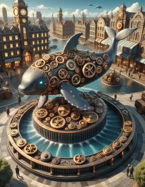 A Whale In A Fountain In A City Square Made Outof Steampunk...