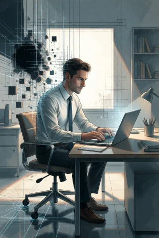 Strangedaal. A Photorealistic Businessman Types Intensely On... — Stable Diffusion AI Prompt: StrangeDaal. A photorealistic businessman types intensely on a laptop at a sleek...