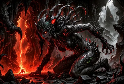 A Highly Detailed Xibalba-style Illustration In Monochrome G... — SDXL AI Prompt: A highly detailed XIBALBA-style illustration in monochrome grays with bold red,...