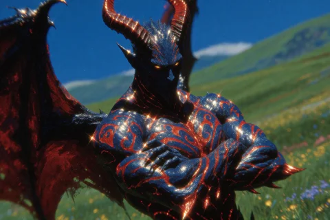 Upper Body Shot Of Devil Jinn Dukust, A Muscular Dark Blue-s... — Stable Diffusion AI Prompt: Upper body shot of Devil Jinn Dukust, a muscular dark blue-skinned demon with gl...