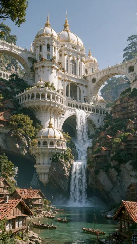 Cxsstyle, A Multi-tiered White Palace Grown Into The Face Of... — Stable Diffusion AI Prompt: cxs_Style, a multi-tiered white palace grown into the face of a waterfall, its d...