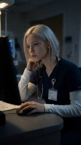 Dim Hospital Nurses Station Desk During Late Graveyard Shift... — Stable Diffusion AI Prompt: Dim hospital nurses' station desk during late graveyard shift, single illuminate...