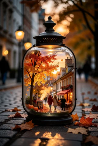 A Vintage Street Lamp Standing On A Cobblestone Street Cover... — Stable Diffusion AI Prompt: A vintage street lamp standing on a cobblestone street covered with fallen orang...