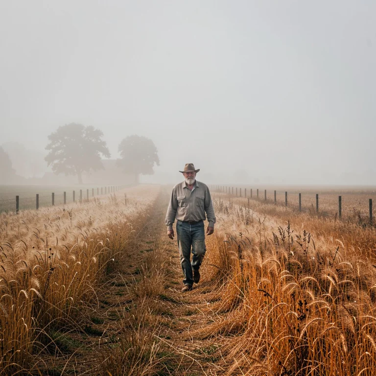 A Farmer Walking Home Through Golden Fields, Foggy Diffused...