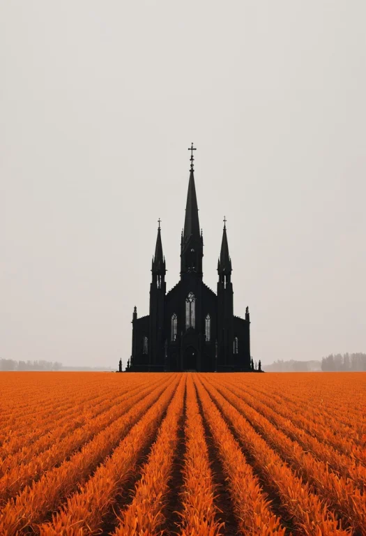 Huge Silhouetted Black Gothic Church On An Orange Field, Whi...
