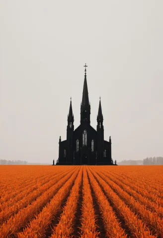 Huge Silhouetted Black Gothic Church On An Orange Field, Whi... — SDXL AI Prompt: huge silhouetted black gothic church on an orange field, white sky. 3-color comp...