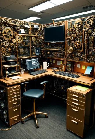 Photorealistic, Cluttered Office Cubicle Where Keyboard, Mon... — Stable Diffusion AI Prompt: photorealistic, cluttered office cubicle where keyboard, monitor, sticky-note tr...