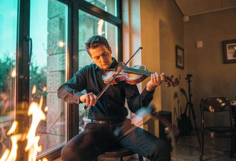 A Violinist Rehearsing By A Tall Window, Firelight, Motion B... — Stable Diffusion AI Prompt: a violinist rehearsing by a tall window, firelight, motion blur, teal and orange...