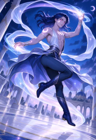 Dreamkin. A Dynamic Full-body Fantasy Illustration Depicts O... — Stable Diffusion AI Prompt: dreamkin. A dynamic full-body fantasy illustration depicts one adult male sky-da...