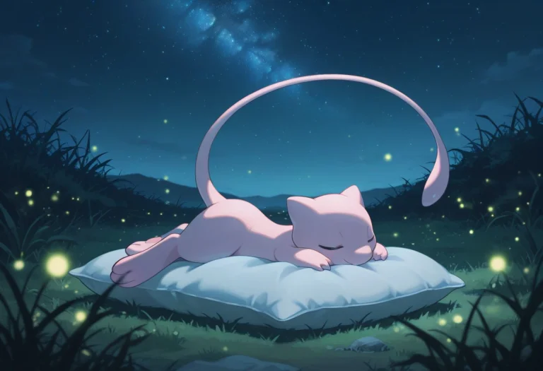 Mew, Pokemon, Solo, Full Body, Closed Eyes, Outdoors, Sky, L...