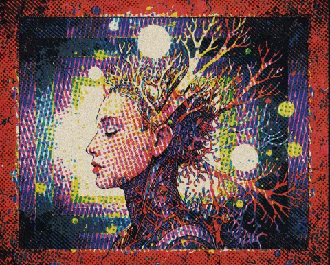 Moebius A Profile Portrait Of A Figure With Closed Eyes Sere... — Stable Diffusion AI Prompt: / Moebius/ A profile portrait of a figure with closed eyes/ serene expression/ f...