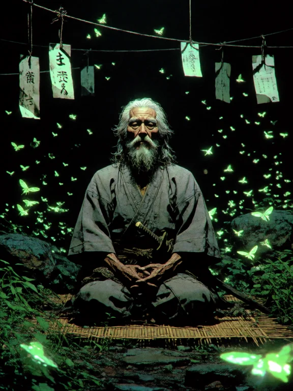 An Elderly Samurai With A Long White Beard Meditates Inside...