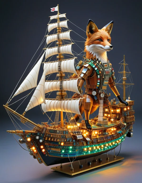 A Fox Navigating A Sailing Ship Made Of Transistors, Dense C...
