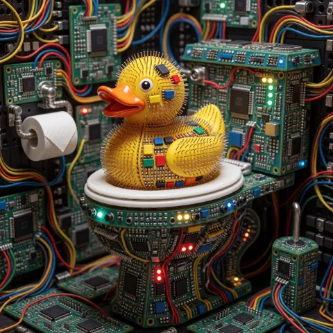 Absurd Yellow Rubber Duck Sitting On A Toilet, Gg — SDXL AI Prompt: absurd yellow rubber duck sitting on a toilet, gg