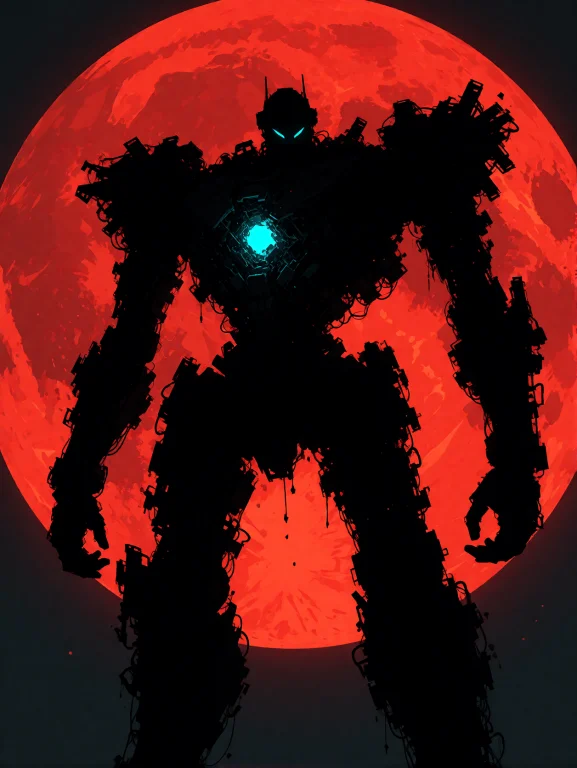 Dramatic Backlighting, A Colossal Ruined Mecha Titan Standin...