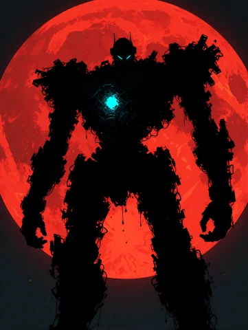 Dramatic Backlighting, A Colossal Ruined Mecha Titan Standin... — Stable Diffusion AI Prompt: Dramatic backlighting, a colossal ruined mecha titan standing as a complete pitc...