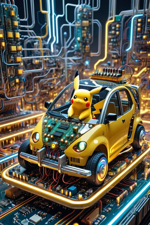 Pikachu Driving A Futuristic Vehicle, Surreal, Scenery, Land...