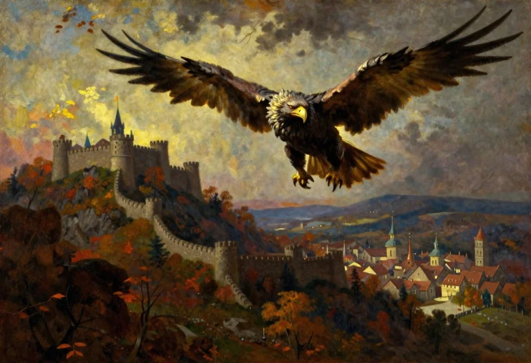 A Griffin Circling Above A Walled Mountain City, Oil Paintin...
