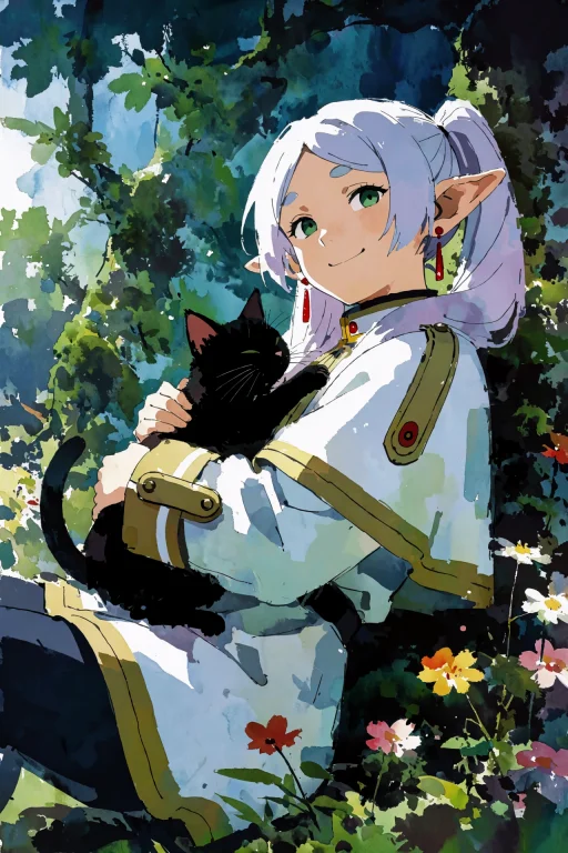 Frieren, Smiling, Holding Black Cat, Enchanted Forest,no Han...