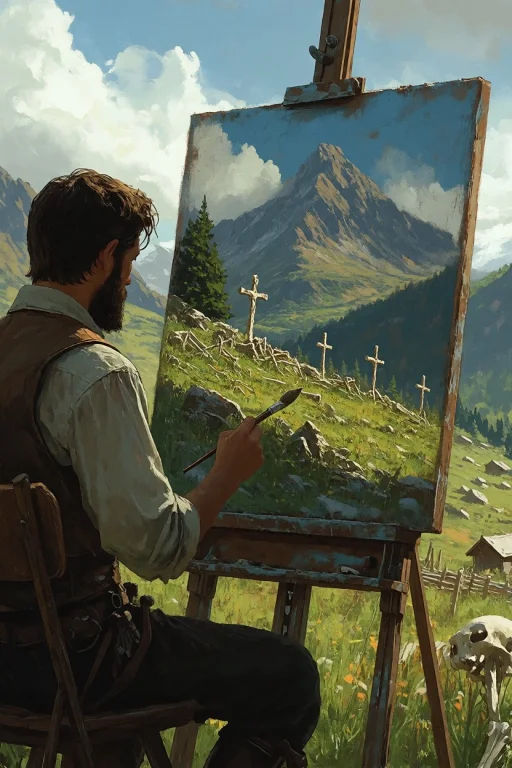 A Man Is Sitting In Front Of An Easel And He Is Painting The...