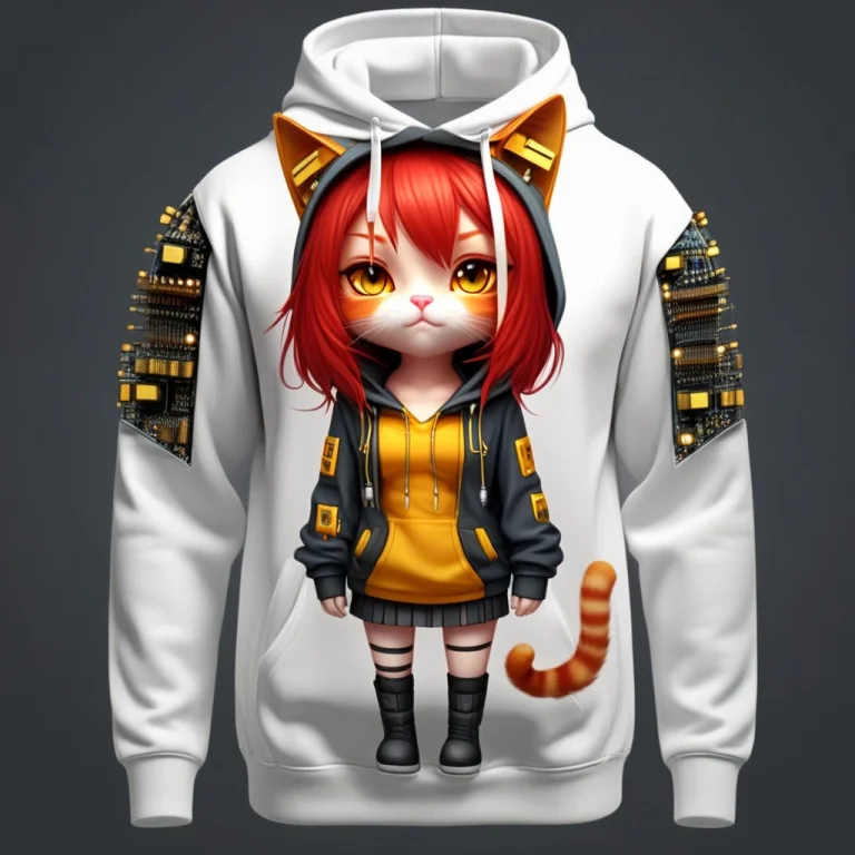 A 3d Chibi Anime Red Hair Cat Girl Wear Transistors Hoodie