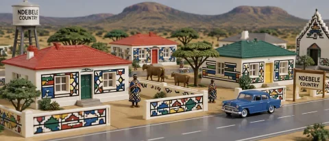 Plasticville-1950s Model Houses, Ndebele Country — Stable Diffusion AI Prompt: Plasticville-1950s model houses, Ndebele country