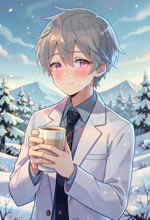1boy, Solo, Medium Hair, Grey Hair, Pink Eyes, Lab Coat, Blu...