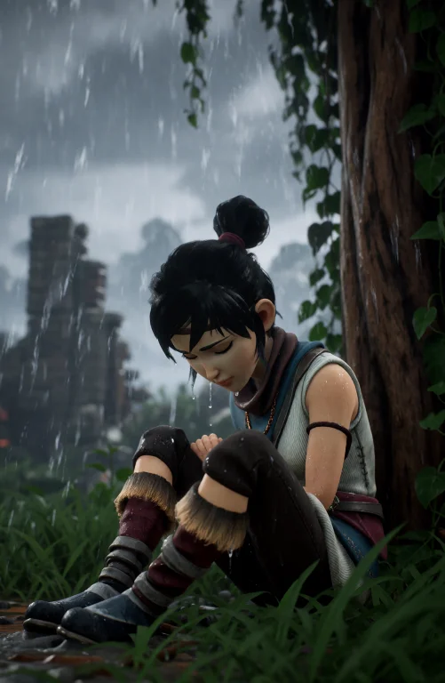 Kena Alone, Completely Out Of Place In A Medival Ruin, Rain...