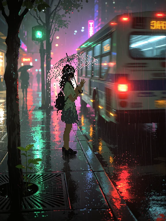 A Medium Shot Digital Artwork Of A Rain Slicked City Street...
