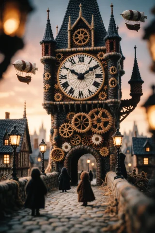 In A Yarn World Style, A Grand, Gothic Clock Tower With Intr... — Stable Diffusion AI Prompt: In a yarn world style, a grand, gothic clock tower with intricate, stitched gear...