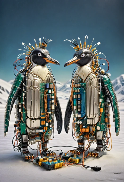 A Pair Of Penguins Made Out Of Transistors. They Are On The...