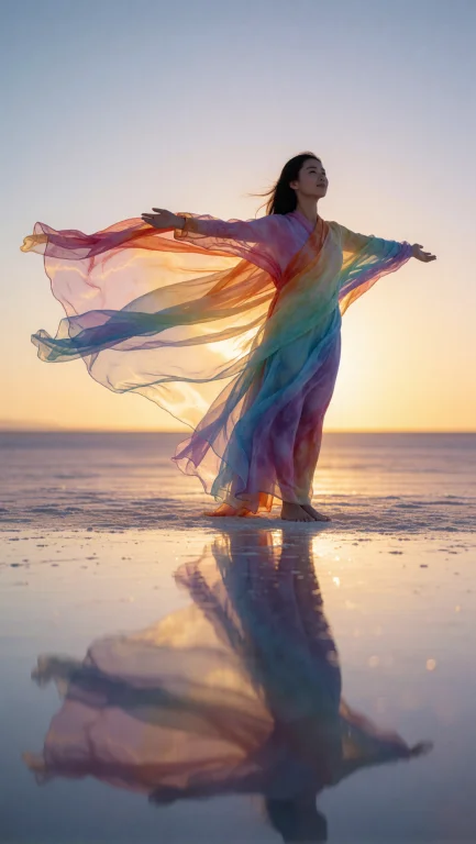 A Young Woman Stands Alone In A Vast, Flat Salt Desert At Su...