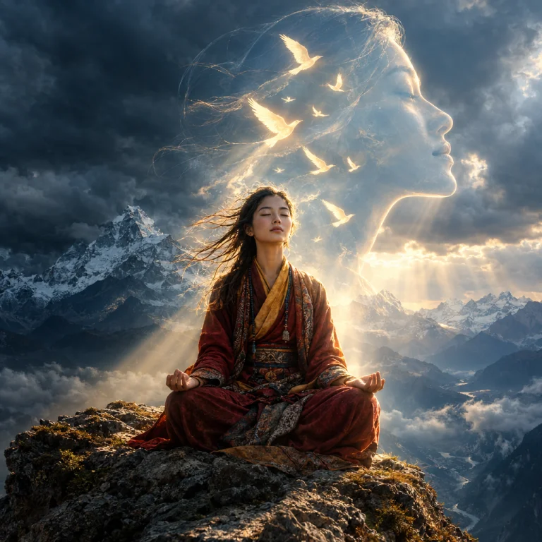 Double Exposition. Young Woman Sitting In Lotus Position On...