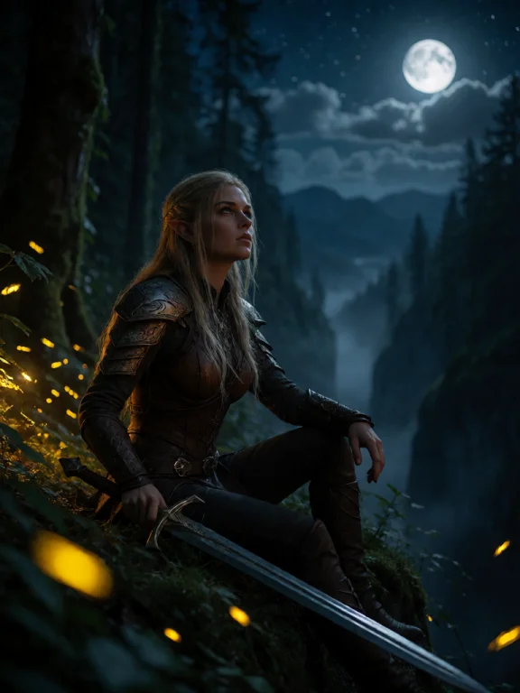 A Blonde Elven Warrior Sits At The Edge Of A Cliff, Gazing A...