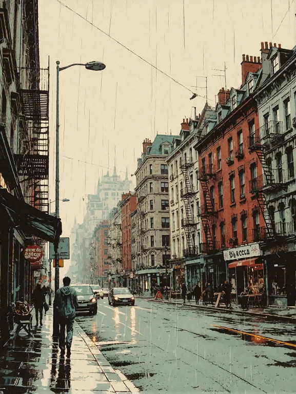 Latin Pop Art  European Graphic Novel, Rainy Urban Street, R...