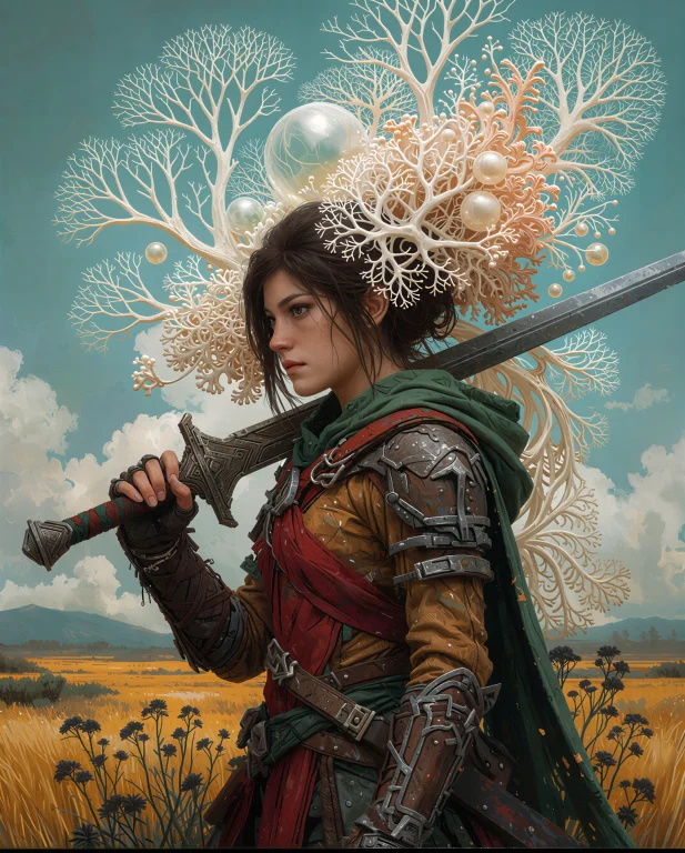 Yfg-thorn Style A Warrior Woman Stands In A Golden Grassland...