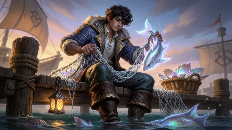 A Young Fisherman With Curly Dark Hair Sits On A Wooden Pier...