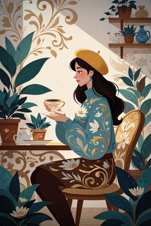 A Young Woman Wearing A Yellow Beret And Holding A White Tea...