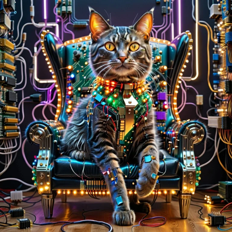 A Majestic Cat Sitting On A Plush Armchair, Completely Made...