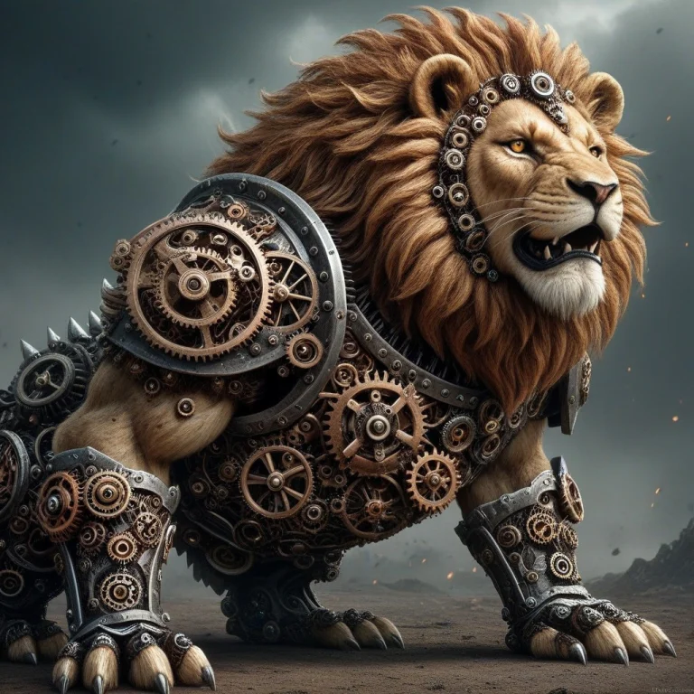 A Fierce Antropomorphic Battle Hardened Lion Wearing Armor M...