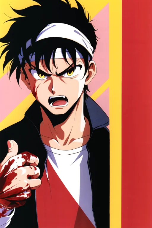 1990s Style, 1990s Style, 1boy, Black Hair, Blood, Blood On...