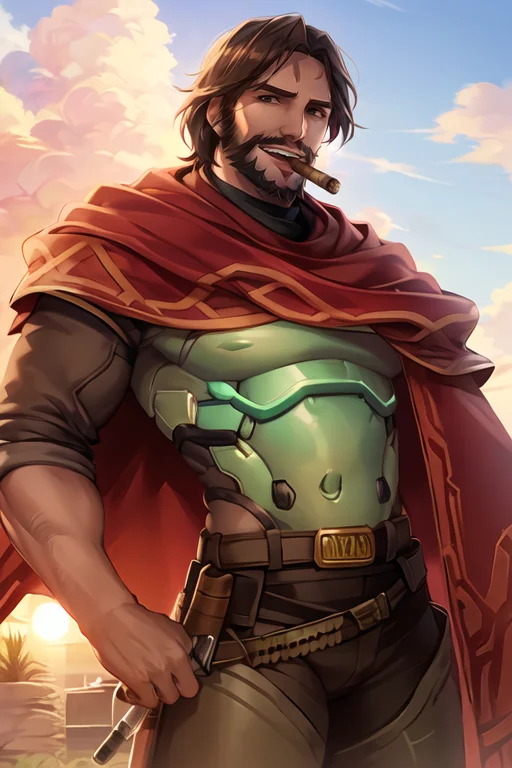 Mccree, Western Setting, Red Poncho, Cape, Setting Sun In Ba...