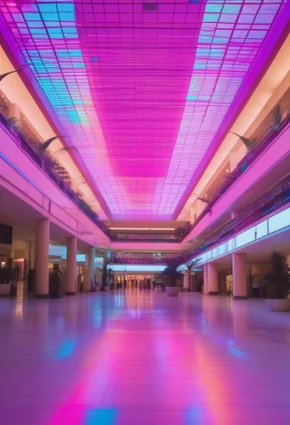 An Empty Mall Atrium Glowing At Closing Time, Vaporwave Aest... — SDXL AI Prompt: an empty mall atrium glowing at closing time, vaporwave aesthetic, iridescent li...