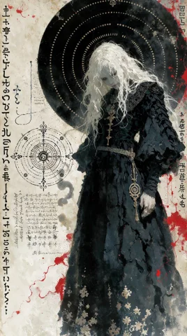 A Mysterious Pale Woman With Long Disheveled White Hair Stan... — Stable Diffusion AI Prompt: A mysterious pale woman with long disheveled white hair standing in a dark ornat...