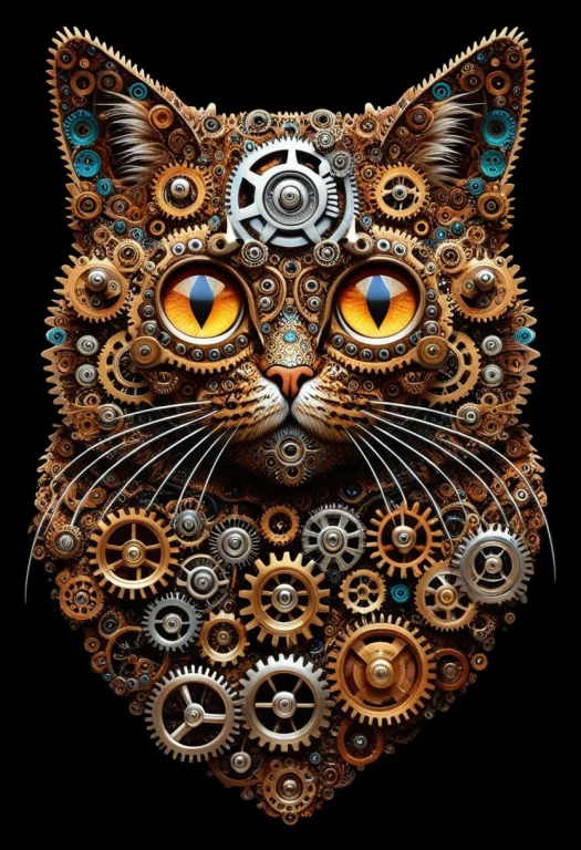 Cat, Gears Cat, Cat Made Of Gears, Colorful, , Shiny, Glowin...