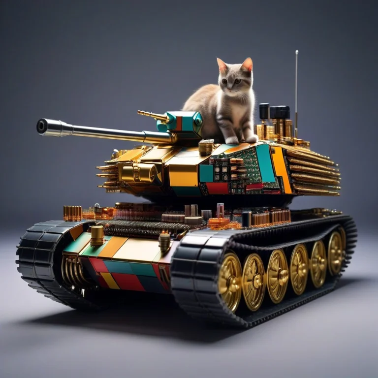 A War Tank Made Out Of Transistors, With A Cute Cat Licking...