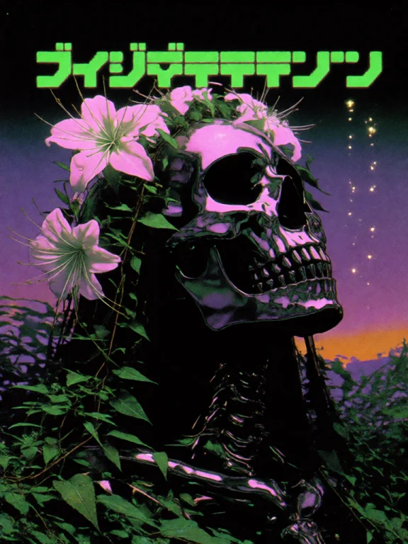 This Digital Artwork Features A Dark, Skeletal Skull Adorned...
