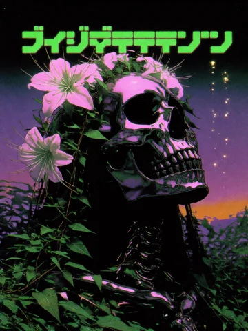 This Digital Artwork Features A Dark, Skeletal Skull Adorned... — Stable Diffusion AI Prompt: This digital artwork features a dark, skeletal skull adorned with large pink flo...