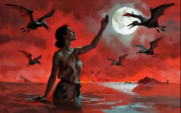 A Woman Stands Waist-deep In Still Mirror-like Water At Nigh...