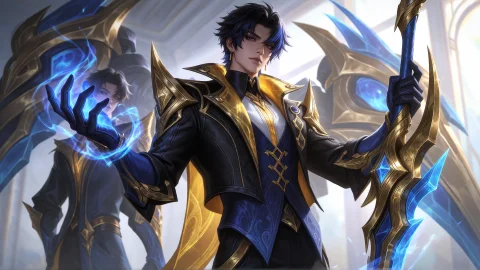 A Young Man With Dark Hair Streaked Blue Wears A Black And G... — Stable Diffusion AI Prompt: A young man with dark hair streaked blue wears a black and gold jacket with poin...